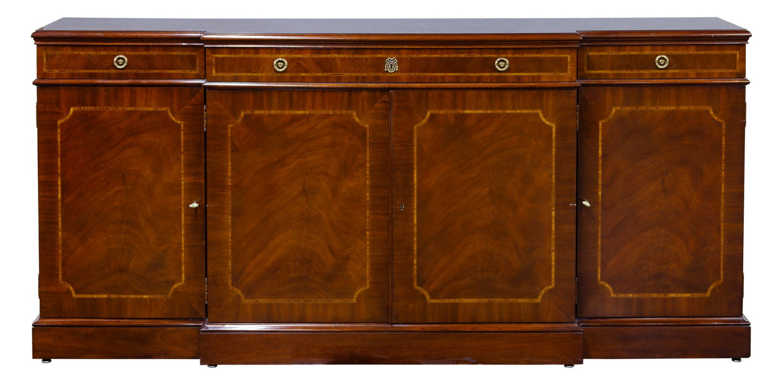 Karges American Chippendale Style Buffet: Karges American Chippendale Style Buffet 20th century, mahogany with tulipwood inlay, cast brass hardware, three drawers above and four locking doors, including two keys; maker label inside drawer Con