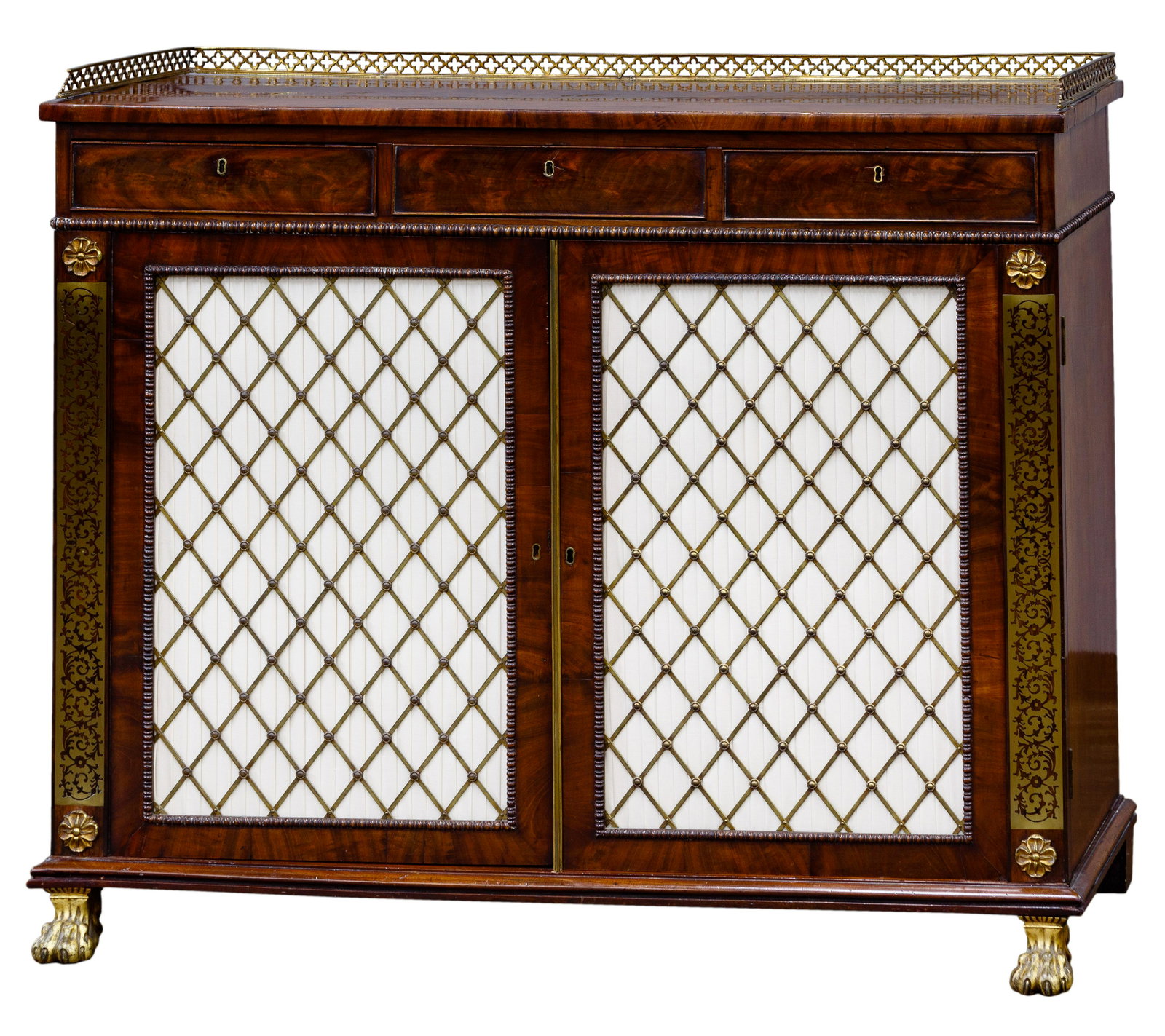 Mahogany Veneer Sideboard: Mahogany Veneer Sideboard Having brass gallery, trim and paw feet, three drawers over two doors having grid insert over pleated fabric; including two keys on tassel fobs Condition: Good, overall moder