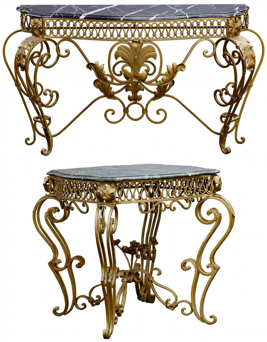 Marble Top Metal Tables: Marble Top Metal Tables Two tables having gold painted cast iron and pressed steel bases with marble tops; console having black marble, center table having green marble Condition: Very Good to Good, o