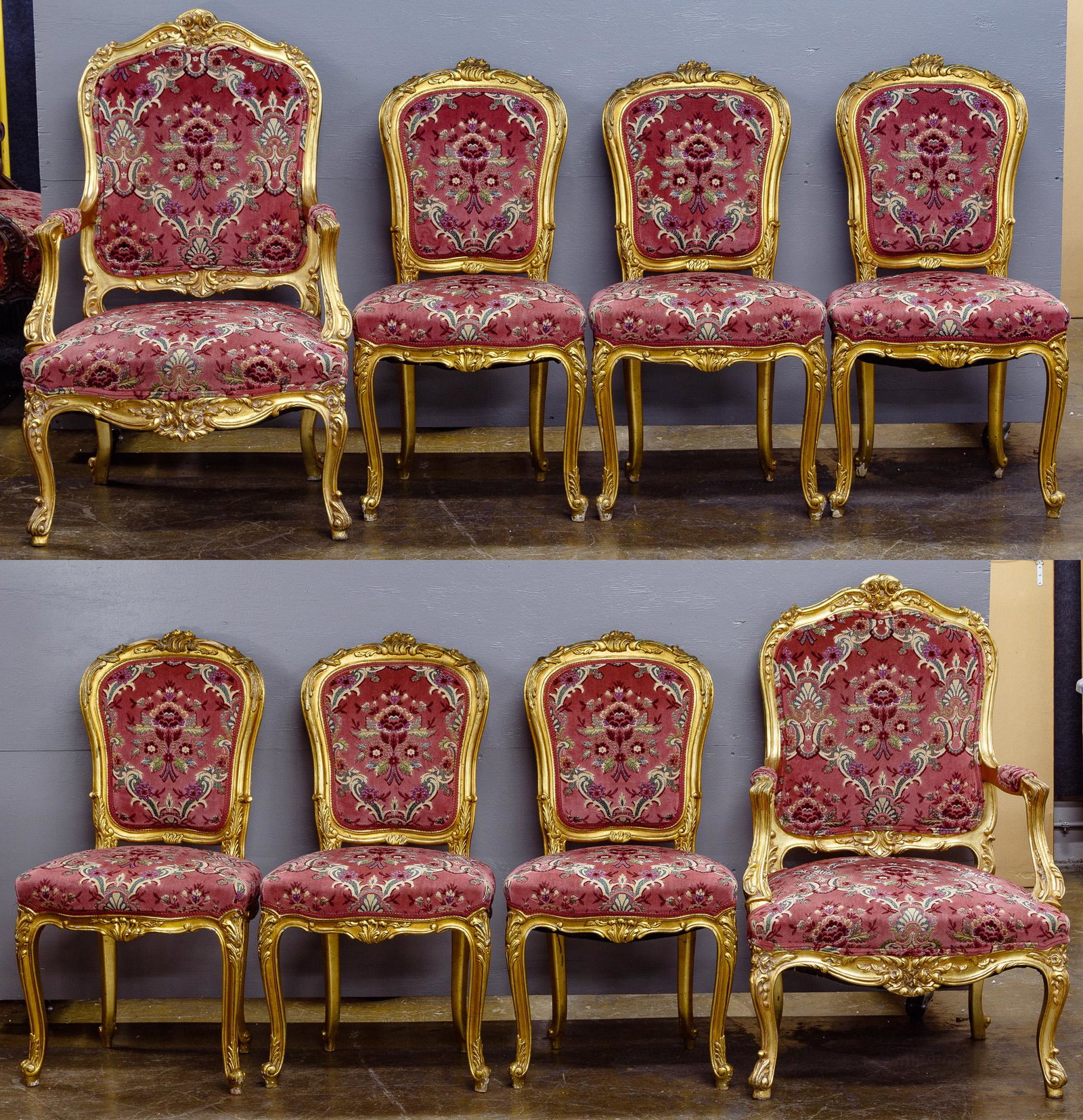 Rococo Style Upholstered Dining Chairs: Rococo Style Upholstered Dining Chairs Eight chairs including six side chairs and two arm chairs, all having carved wood gold gilt frames and mauve floral upholstery Condition: Good, overall moderate 