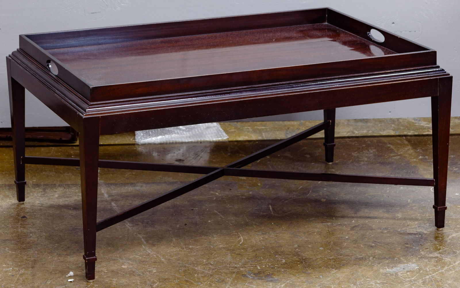 Barbara Barry for Baker Coffee Table: Barbara Barry for Baker Coffee Table Mahogany tray-top coffee table having an 'X' cross stretcher, oval brass label reading 'Baker', rectangular brass label reading 'The Barbara Barry Collection by Ba