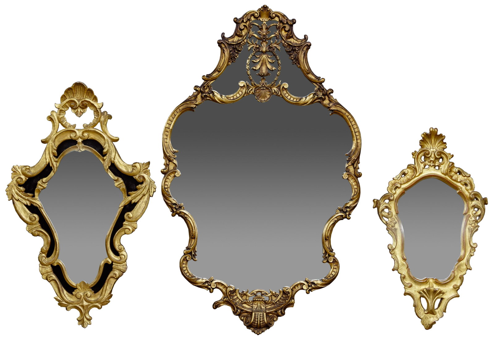 Ornate Wall Mirror Assortment: Ornate Wall Mirror Assortment Three items having painted and antiqued ornate scroll-work frames Condition: Very Good, overall light wear, minor chipping Height: 42 1/2 inches, Width: 26 inches (larges