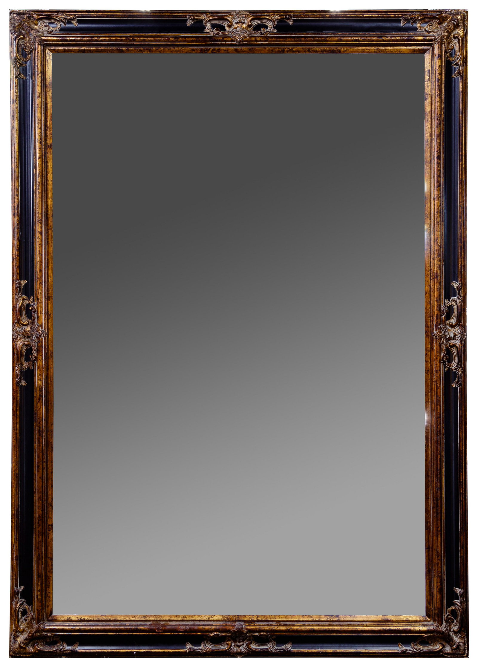 Oversized Mirror: Oversized Mirror Beveled mirror in a painted black and bronze frame having corner and mid-range embellishments; wired for hanging Condition: Very Good, overall light wear, minor chipping to corners He