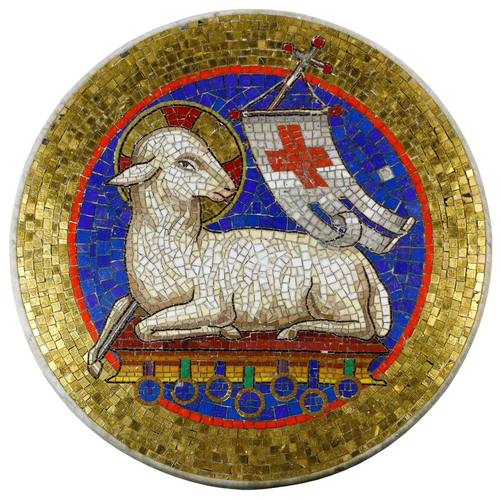 Mosaic 'Lamb of God' Garden Stone: Mosaic 'Lamb of God' Garden Stone Hand-crafted; mix of marble, tile and glass, honed marble backing Condition: Good, overall moderate wear, pieces of the mosaic are missing on sword, flag, halo and ba