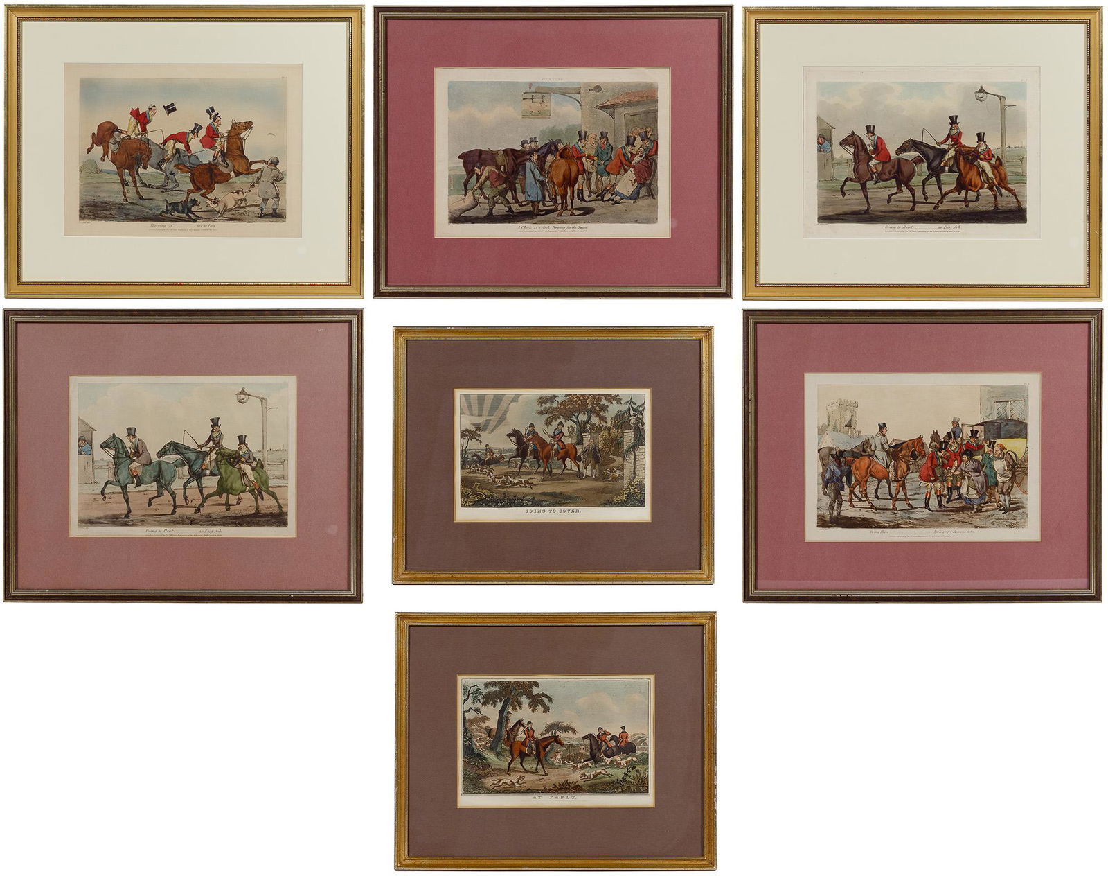 Hand-colored Equestrian Print Assortment: Hand-colored Equestrian Print Assortment Seven items including five aquatints after Henry Thomas Allen (English, 1785-1851) from the 'Hunting' series entitled 'Throwing Off...Not So Easy', 'Going to H