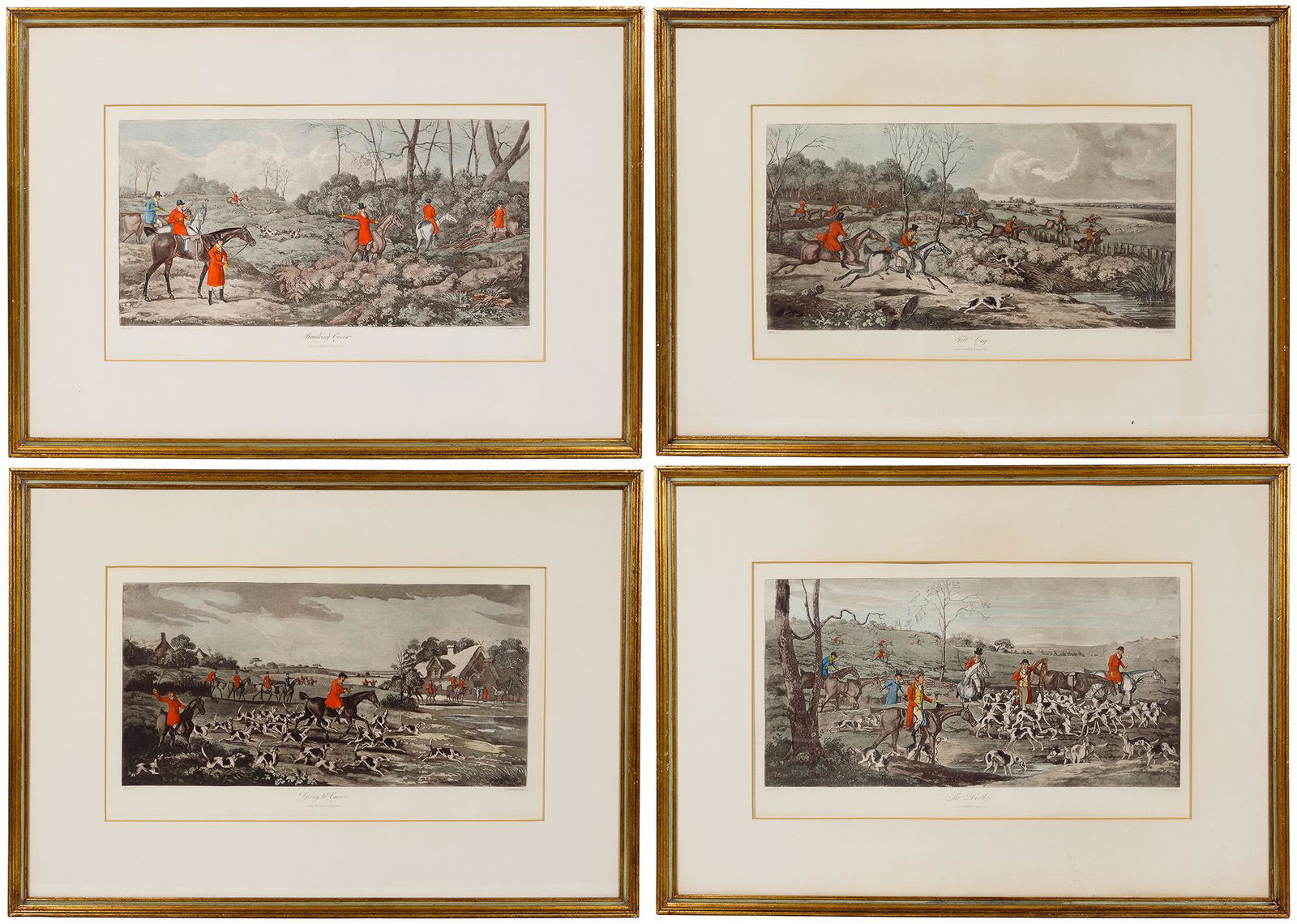 Henry Thomas Alken (English, 1785-1851) Hand-colored: Henry Thomas Alken (English, 1785-1851) Hand-colored Engraving Assortment 1821, signed within the plate, 'Going to Cover'; 'Full Cry'; 'Breaking Cover'; 'The Death'; depicting fox hunt scenes Conditio