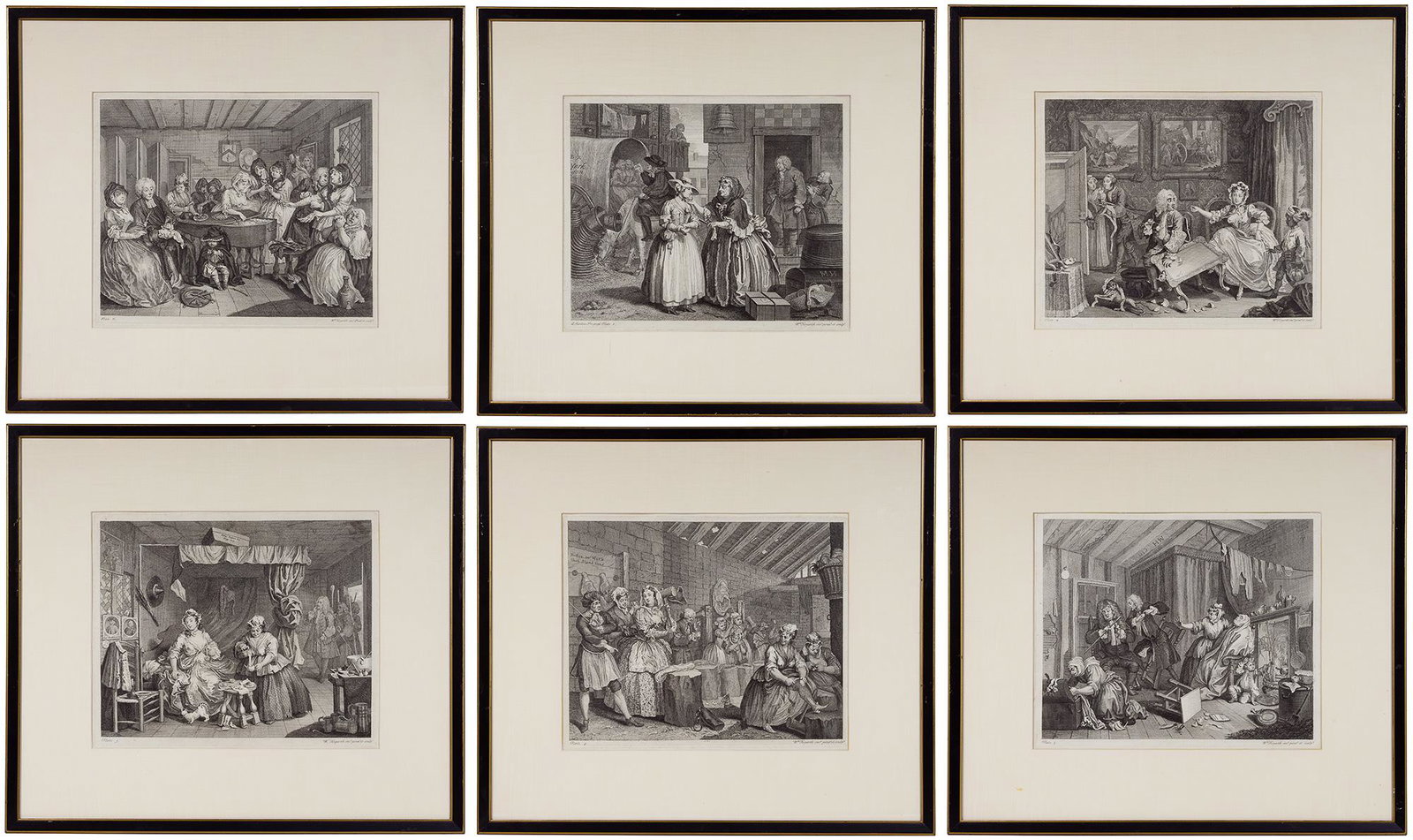 William Hogarth (English, 1697-1764) 'A Harlot's: William Hogarth (English, 1697-1764) 'A Harlot's Progress' Series Copper Engravings Undated, signed within the plate, 'Moll Ensnared by a Procuress'; 'The Quarrel with Her Protector'; 'Apprehension by