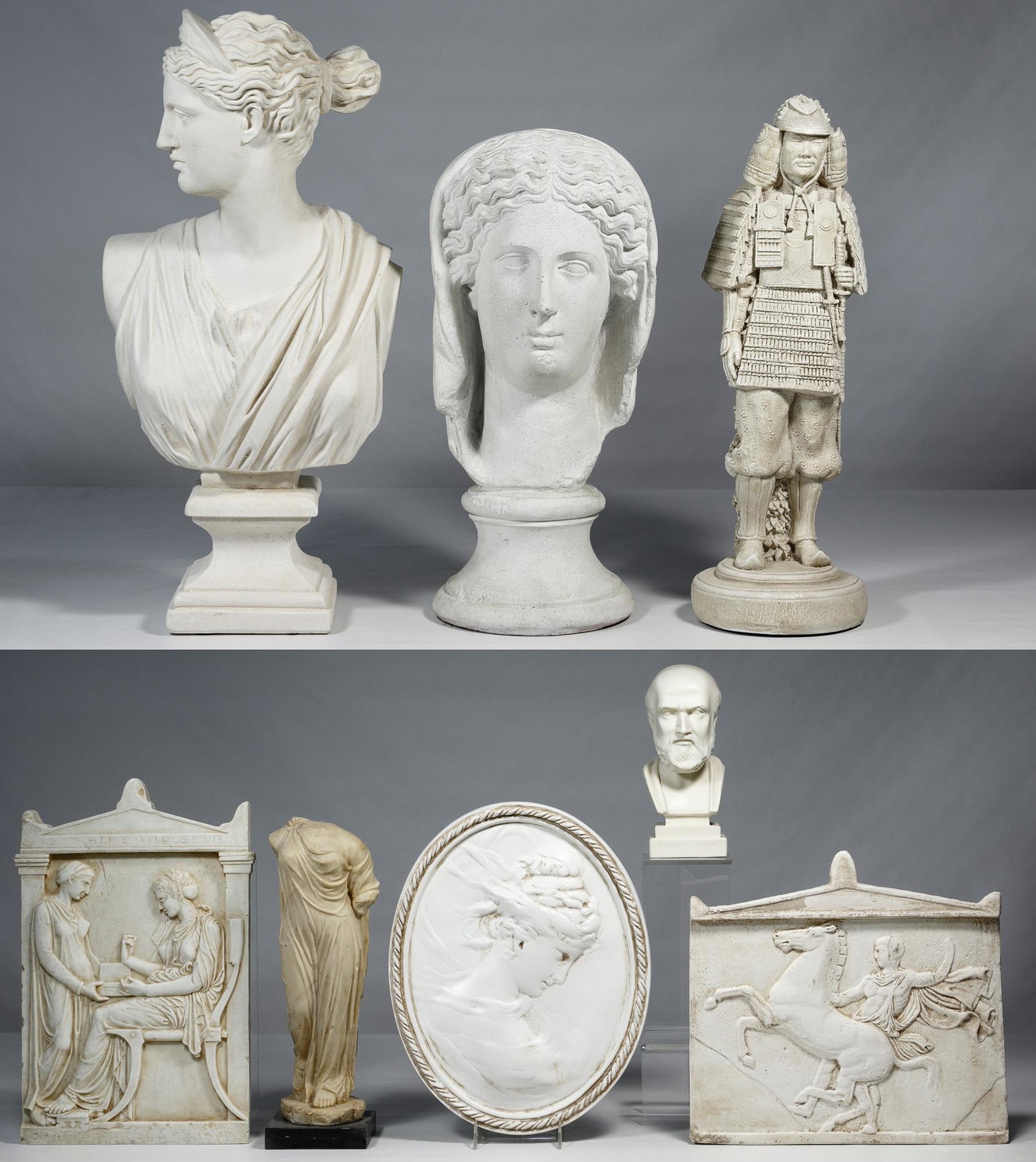 Art Statuary and Relief Assortment: Art Statuary and Relief Assortment Eight contemporary items including ancient Grecian style busts, statues and relief plaques and an Asian warrior statue, made of cast plaster and resin Condition: Ver
