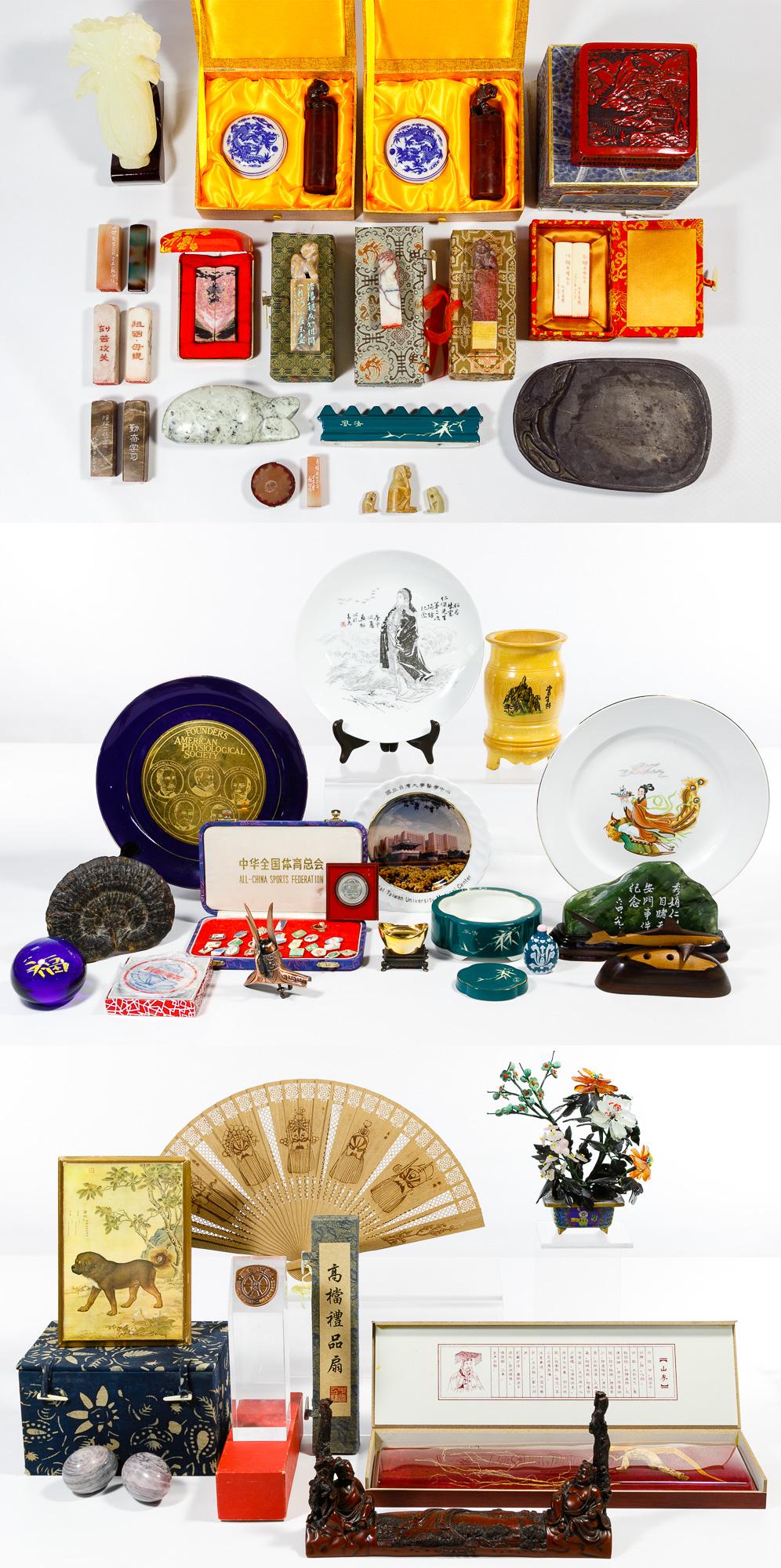 Asian Stone Seal, Paste and Decorative Assortment: Asian Stone Seal, Paste and Decorative Assortment Including stone stamps and seal paste, a jadeite jade flower arrangement, a brush holder, plates, sculptures, stone eggs, Chinese sports pins Conditio