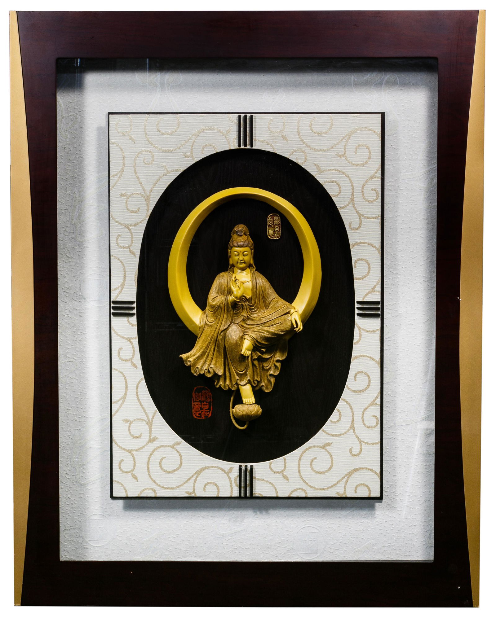 Chinese Guan Yin Wall Hanging: Chinese Guan Yin Wall Hanging Shadow box frame containing a three-dimensional composite of the goddess Guan Yin with her foot on a lotus blossom, mounted on a wooden plaque and matted in oval silk, ch