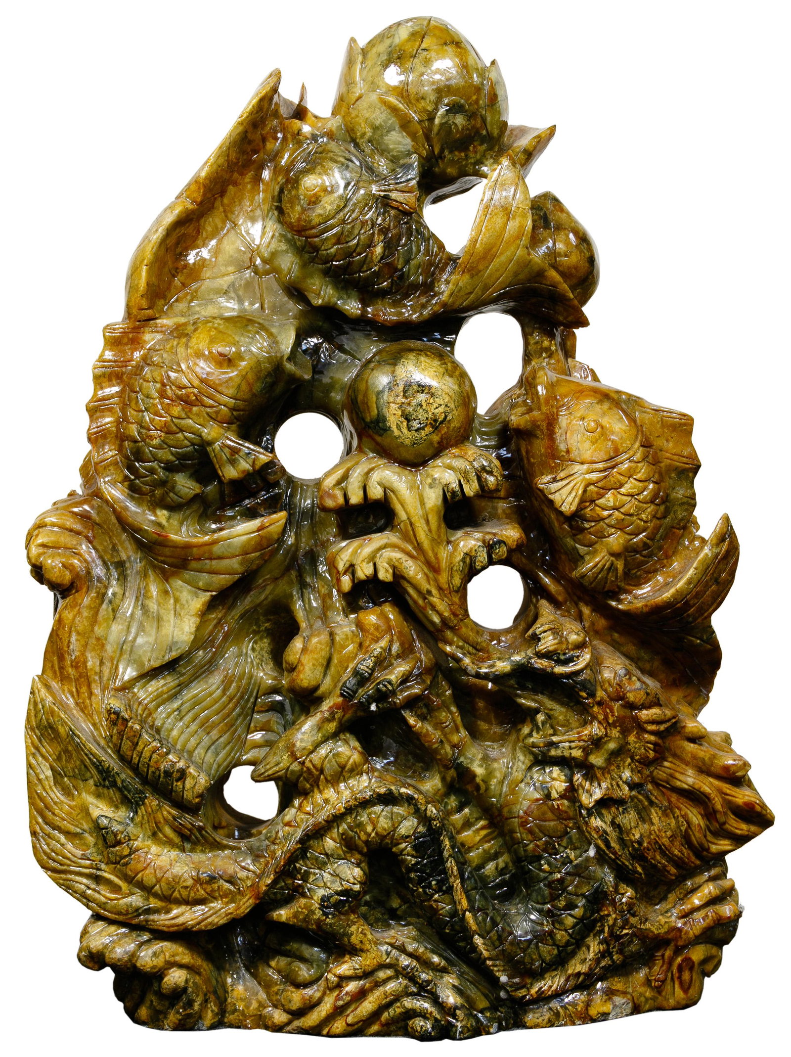 Chinese Stone Fish Carving: Chinese Stone Fish Carving Large sculpture depicting several fish swimming away from a dragon Condition: Very Good, overall light wear consistent with age and normal use, minor chipping on base Height