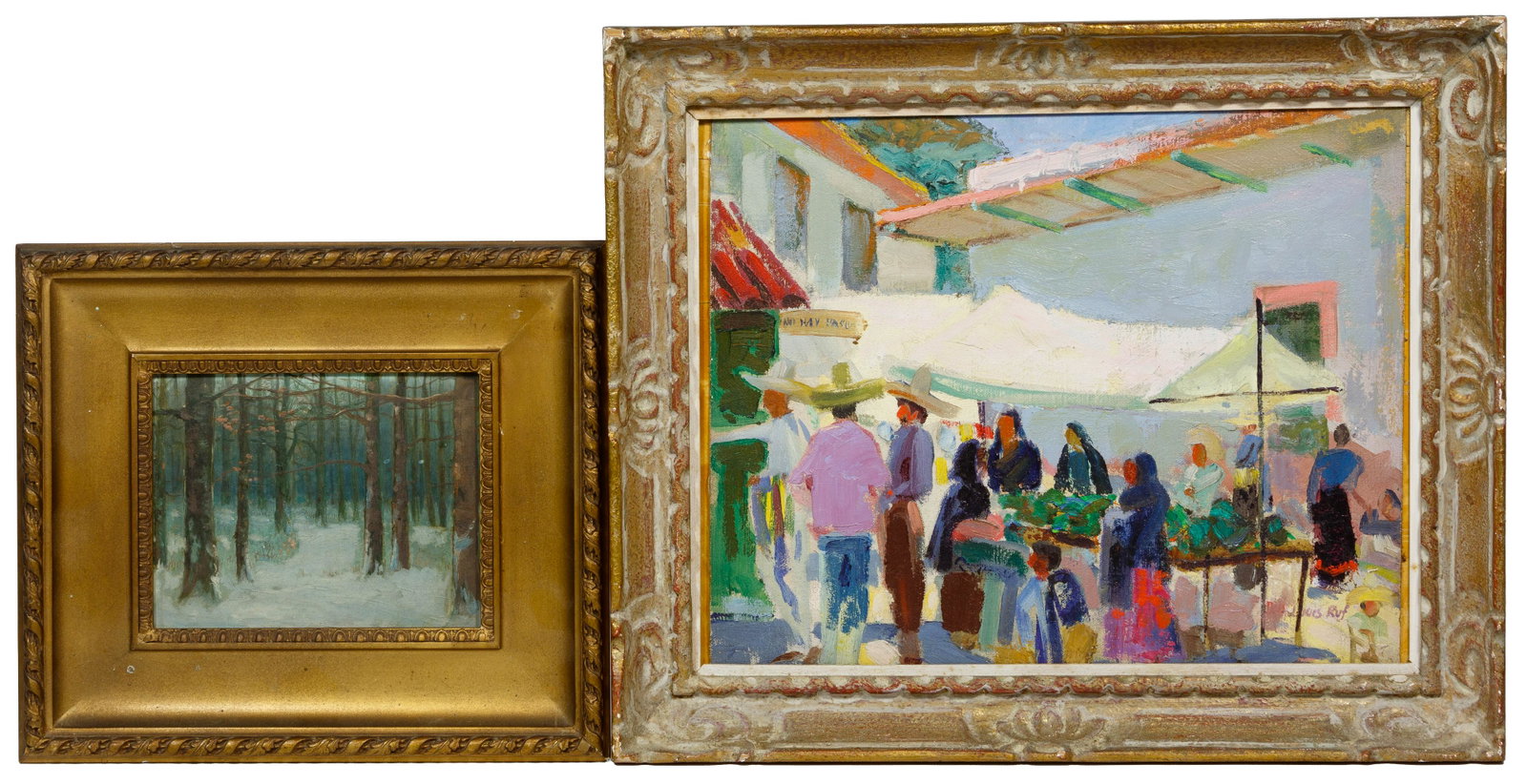 Donald Louis Ruf (American, 1905-1982) Oil on Canvas: Donald Louis Ruf (American, 1905-1982) Oil on Canvas Undated, signed lower right, depicting a village market scene, canvas mounted on illustration board, housed in a gold tone wood frame; together wit