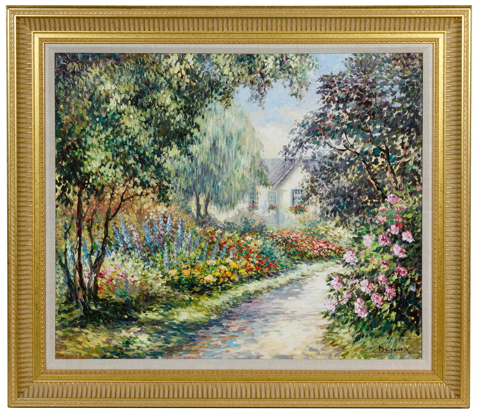 Daniel Dejoux (French, b.1935) Oil on Canvas: Daniel Dejoux (French, b.1935) Oil on Canvas Undated, signed lower right and en verso, depicting a garden in bloom by a cottage; gold-painted, fluted frame Condition: Very Good, light dirt accumulatio