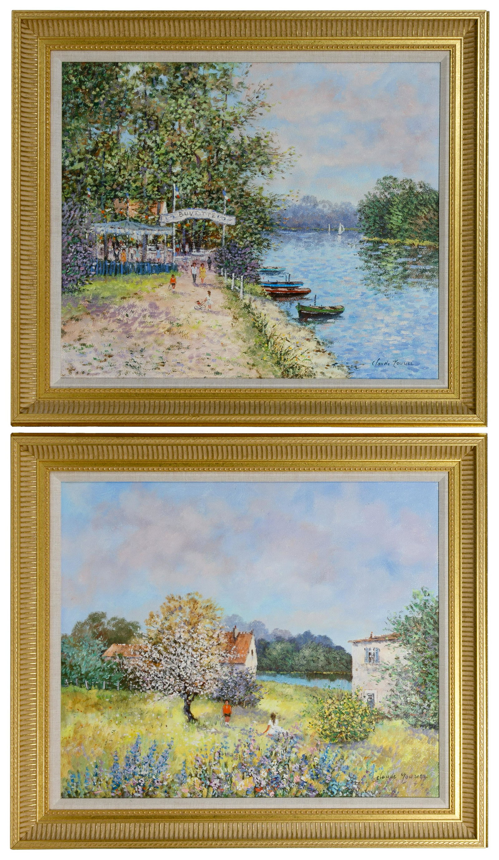 Unknown Artist (French, 20th Century) Oils on Canvas: Unknown Artist (French, 20th Century) Oils on Canvas Two items, each undated, illegibly signed lower right (possibly Claude Courier), depicting scenic views; both housed in gold painted frames Conditi