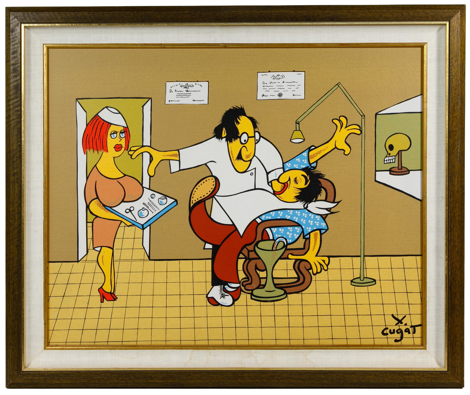 Xavier Cugat (Spanish / American, 1900-1990) 'A: Xavier Cugat (Spanish / American, 1900-1990) 'A Mouthful' Serigraph on Canvas Undated, signed lower right, depicting a dentist with a patient in the chair and an assistant holding a tray of tools; hou