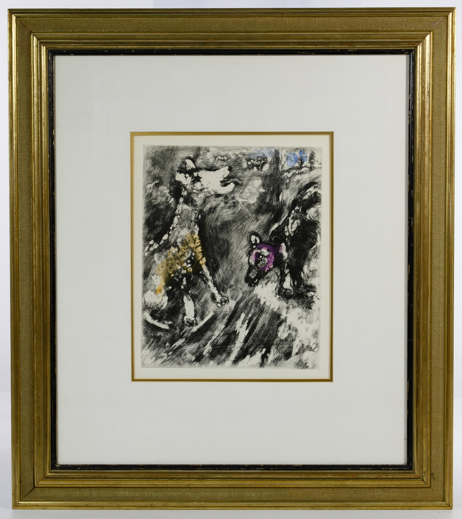 Marc Chagall (Russian / French, 1887-1985) 'The: Marc Chagall (Russian / French, 1887-1985) 'The Fontaine Fables' Hand Colored Etching Undated, plate signed lower right, depicting an orange, purple and blue image of animals Condition: Very Good, no 