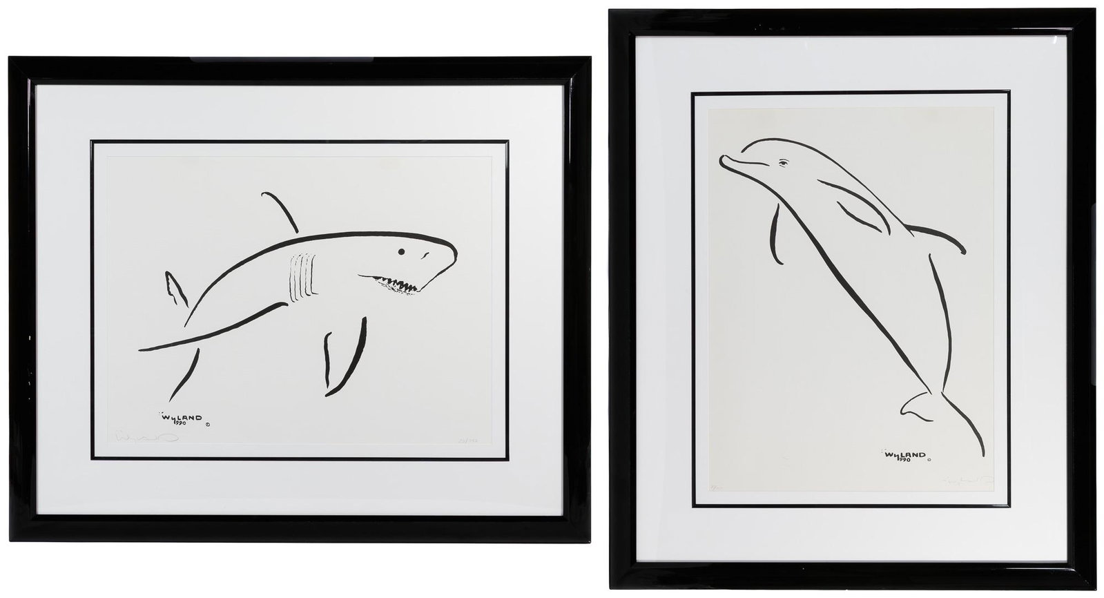 Robert Wyland (American, b.1956) Lithographs: Robert Wyland (American, b.1956) Lithographs 1990, pencil signed lower right, #73/750, a black and white drawing depicting a dolphin as well as 1990, pencil signed lower left, #20/750, black and white