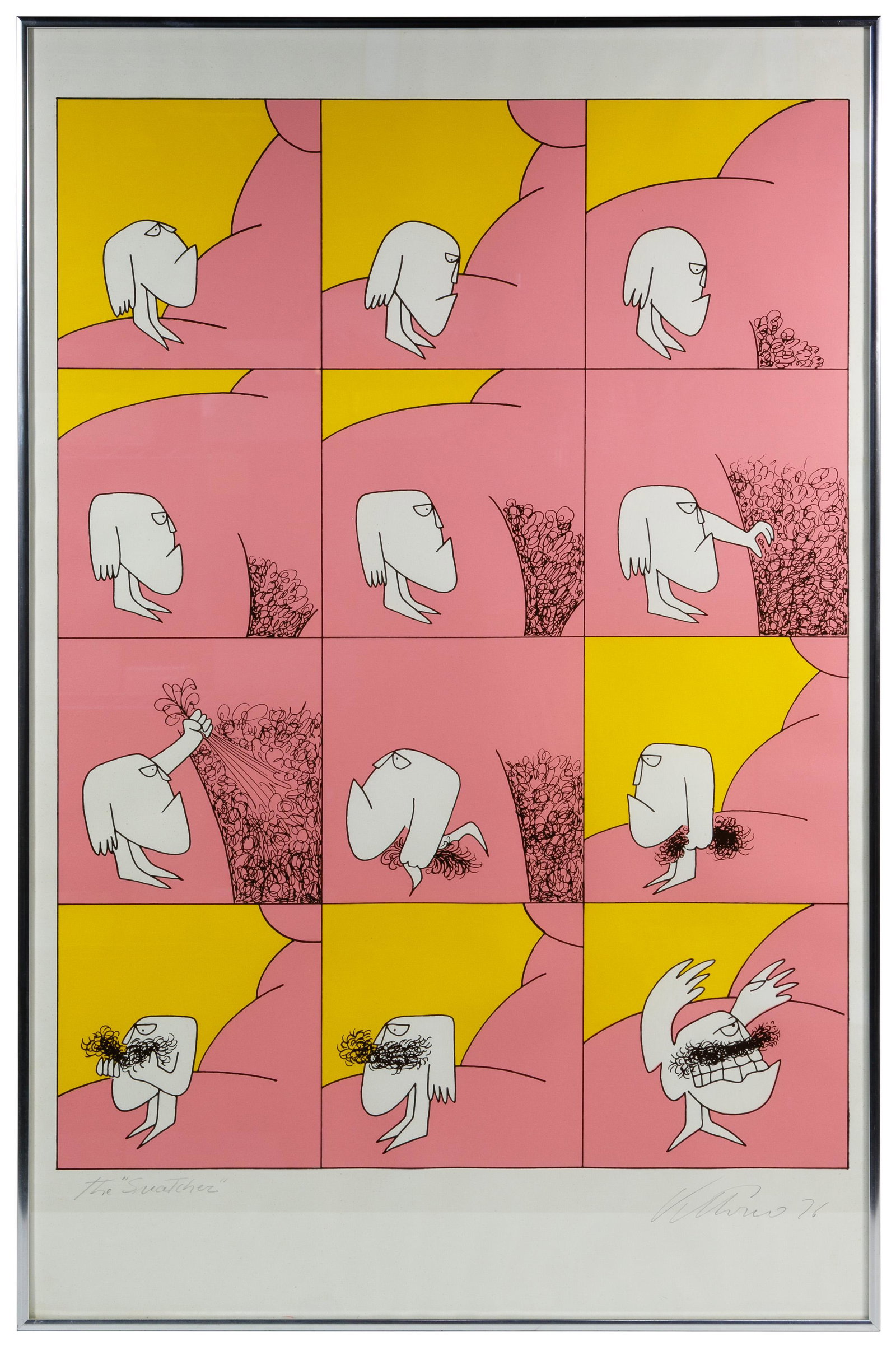Vittorio Fiorucci (Italian / Canadian, 1932-2008) 'The: Vittorio Fiorucci (Italian / Canadian, 1932-2008) 'The Snatcher' Serigraph on Paper 1976, signed lower right, depicting a lewd comic in twelve panels, housed in a metal frame Condition: Very Good, fox
