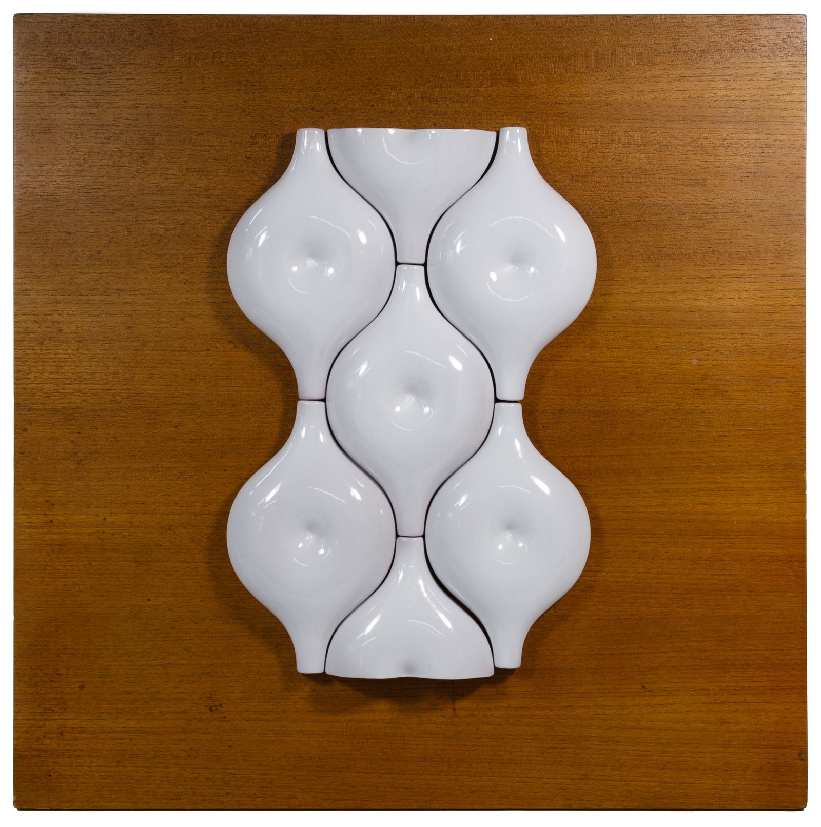 MCM Ceramic and Wood Wall Hanging: MCM Ceramic and Wood Wall Hanging Undated, unsigned, seven white ceramic dimpled tiles in abstract form, mounted on a recycled table top Condition: Good, light wear, crazing on ceramic pieces, all cor