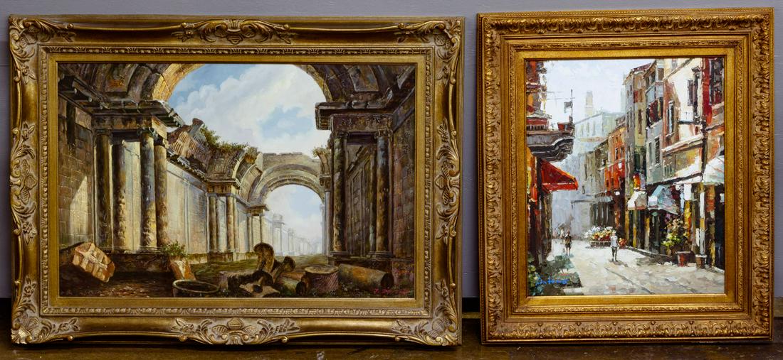 Oil on Canvas Assortment: Oil on Canvas Assortment Two items including an oil on canvas, undated, signed 'T. Edison' lower right, 24-inches x 36-inches (canvas), depicting a scene of classical ruins, housed in an elaborate gol
