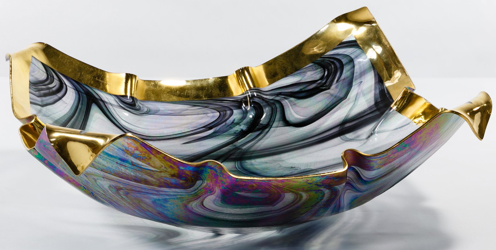 Jane Slowsky (American) Art Glass Handkerchief Bowl: Jane Slowsky (American) Art Glass Handkerchief Bowl Undated, signed on underside, iridescent blue and black, handkerchief edge with gold band Condition: Very Good, light wear, no chips or cracks noted