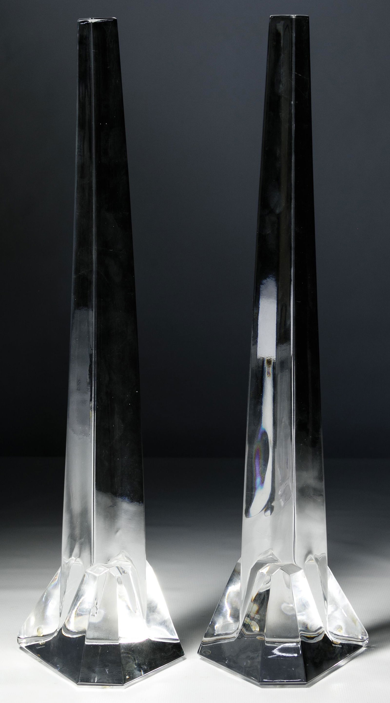 Tiffany Crystal Obelisks: Tiffany Crystal Obelisks Pair of crystal obelisks marked 'Tiffany and Co.' on underside Condition: Very Good, no damage noted; no chips or cracks noted Height: 16 3/4 inches, Width: 3 1/2 inches, Dept