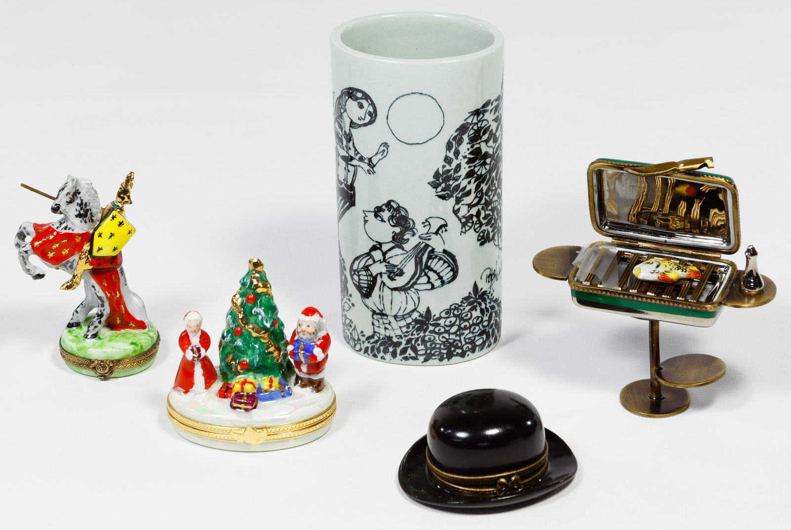 Limoges Trinket Box Assortment: Limoges Trinket Box Assortment Four boxes including a knight, Christmas tree, top hat and grill, all signed on underside; together with a Julia Bjorn Winblad bud vase Condition: Very Good to Good, kni