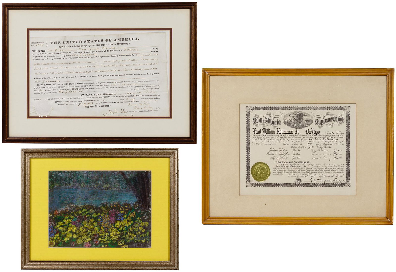 President James K. Polk Signed Land Deed: President James K. Polk Signed Land Deed 1845; land deed signed 'James K. Polk'; together with a 1952 law license and pastel landscape all having wood frames Condition: Very Good to Good, deed loose i