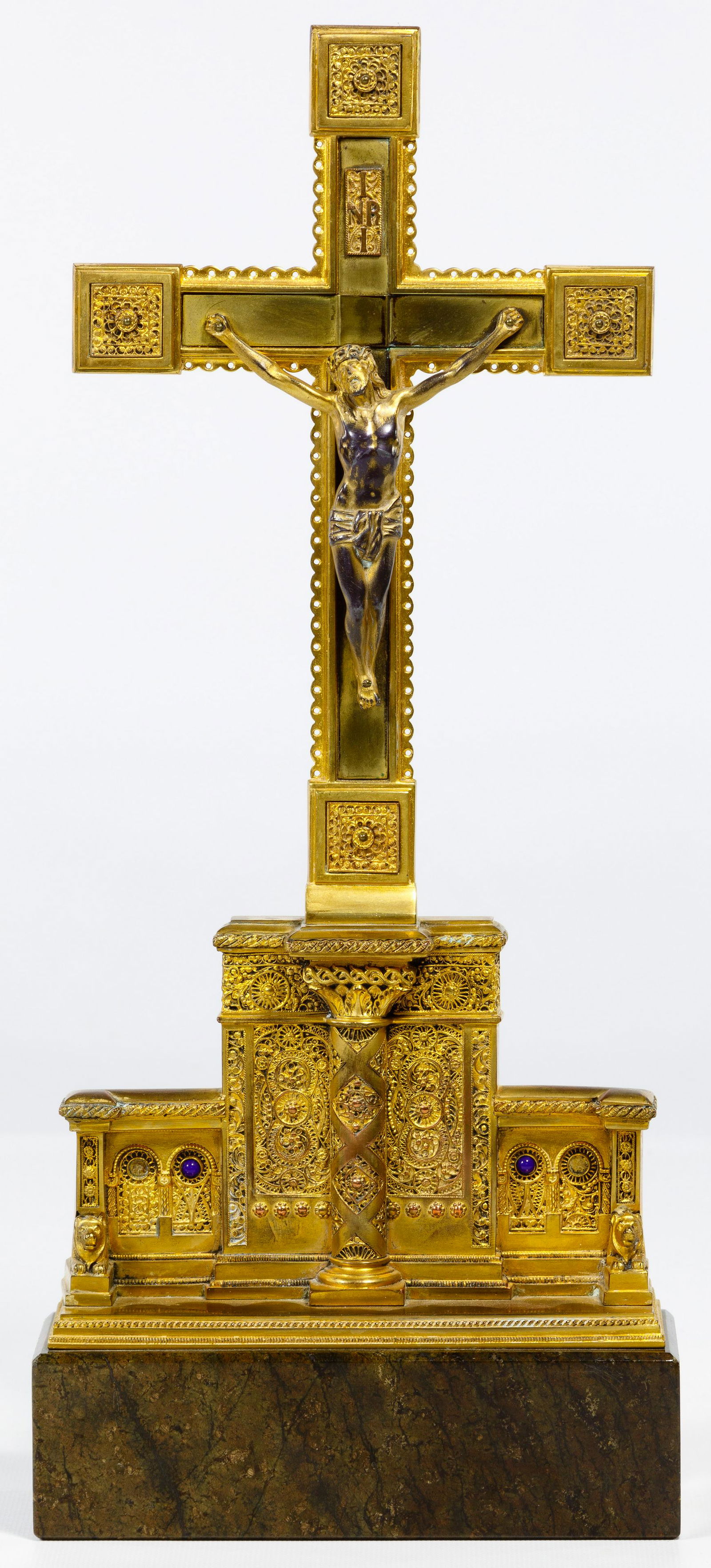 German Gold Wash Religious Crucifix Statue: German Gold Wash Religious Crucifix Statue Romanesque style gold wash bronze crucifix, having ornate cast decoration set with glass cabochons and having a marble base, marked 'Germany' on reverse Cond