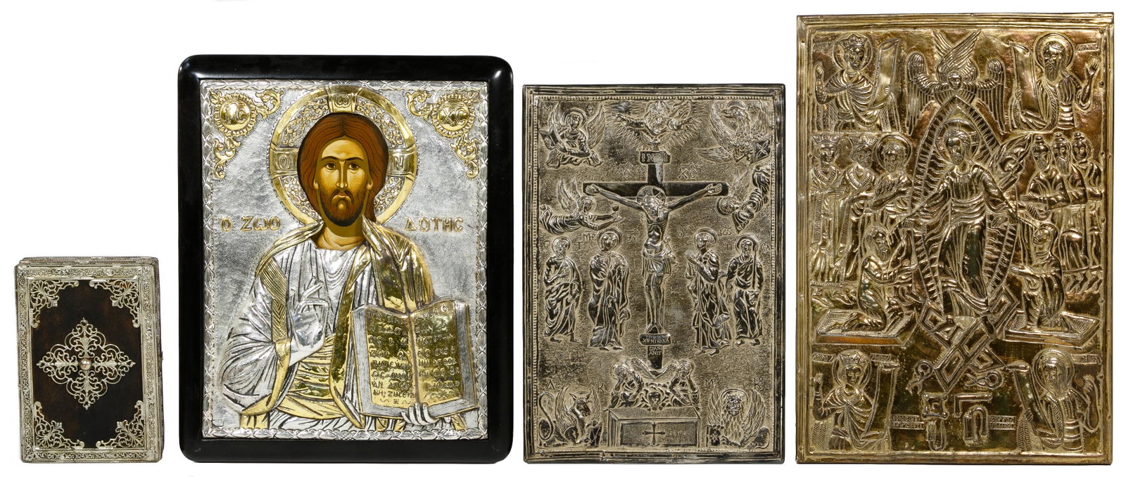 Religious Icon Assortment: Religious Icon Assortment Four items including a Byzantine silver overlay of 'Christ the Teacher' oil on board plaque marked '950' on back, a metal relief plaque on wood support stamped on back 'Anast