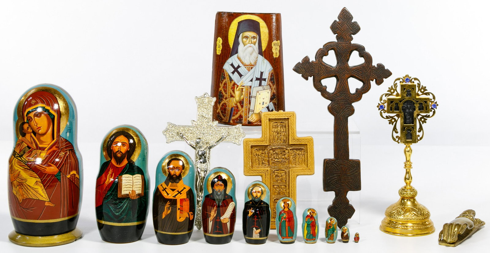 Religious Object Assortment: Religious Object Assortment Thirty-four items including five censors, four crosses, seven cross pendants, four necklaces having cross pendants, two metal pendants, brass hand door knocker, Russian nes