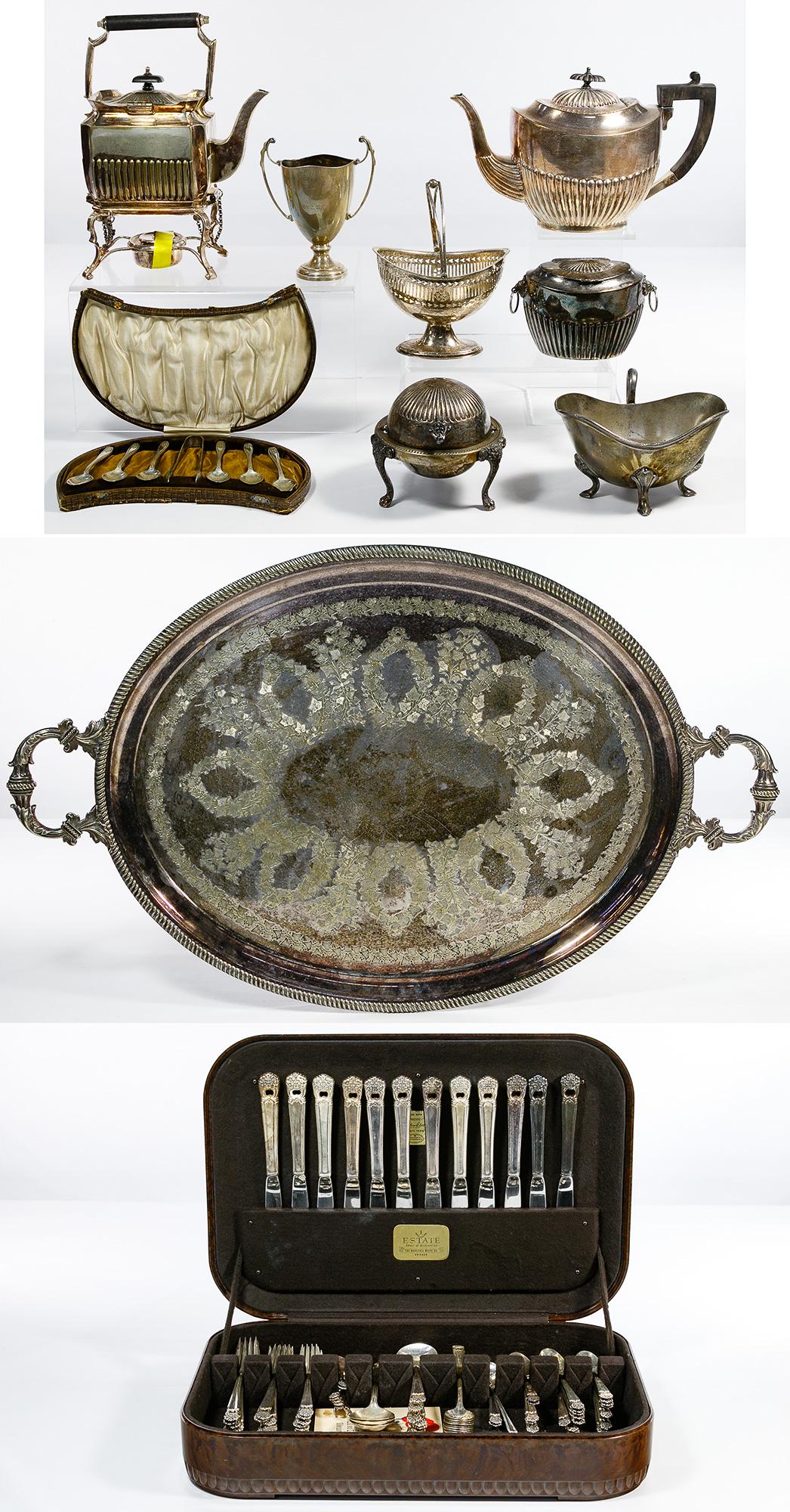 Sterling Silver and Silverplate Hollowware and Flatware: Sterling Silver and Silverplate Hollowware and Flatware Assortment Including a marked 'sterling' silver trophy by Synyer & Beddoes as well as silverplate including seven hollowware items, spoon and su