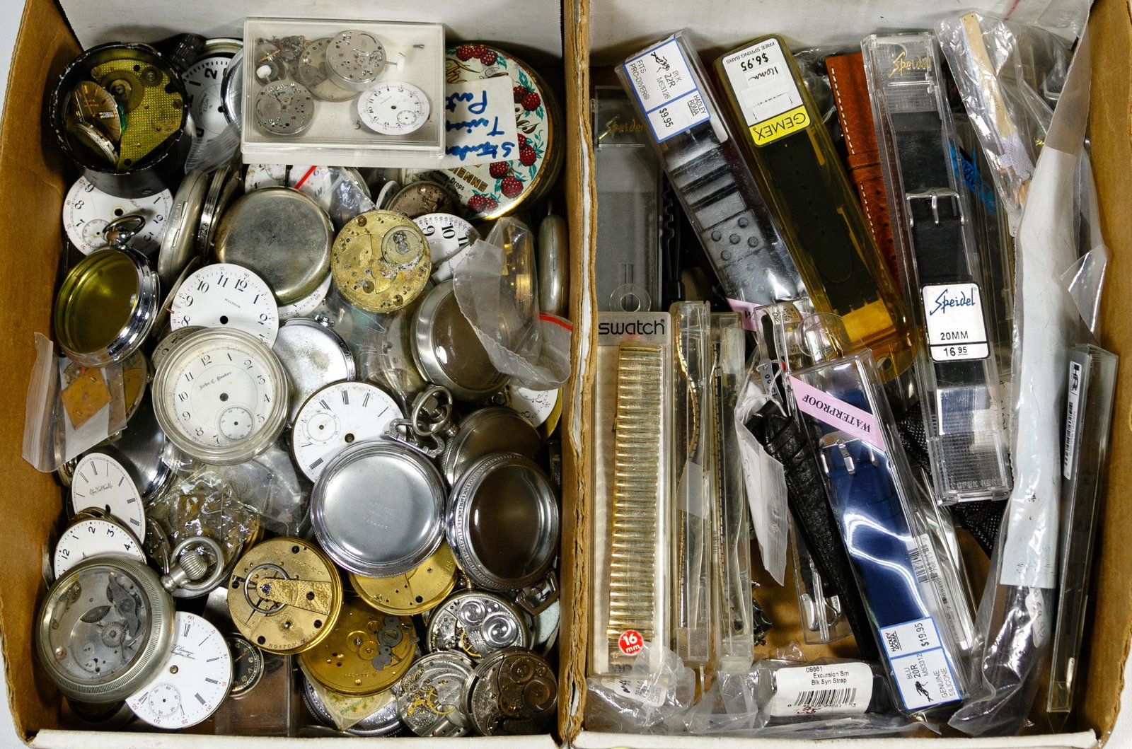 Pocket Watch and Wrist Watch Part Assortment: Pocket Watch and Wrist Watch Part Assortment Movements, dials and cases from makers including Elgin National Watch Co., G. M. Wheeler, Home Watch Co., Waltham, Ingersoll, Hamilton, C. S. Lemon and Ser