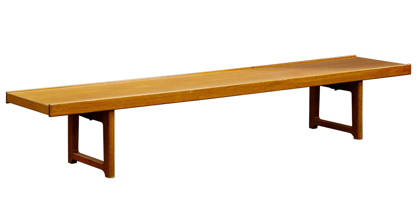 Torbjorn Afdal for Bruksbo MCM Norwegian Bench: Torbjorn Afdal for Bruksbo MCM Norwegian Bench c.1960, Norway, elongated bench having raised edges; attached paper label to the underside Condition: Very Good, minor scuffs, scratches and fading throu