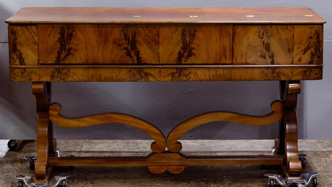 Edwardian Maple Spinet Desk: Edwardian Maple Spinet Desk Having a lift up top with five interior drawers having brass handles; attached label reading 'Andrian, Rue Fourbastard 24, Toulouse' Condition: Good, scratches and popped v