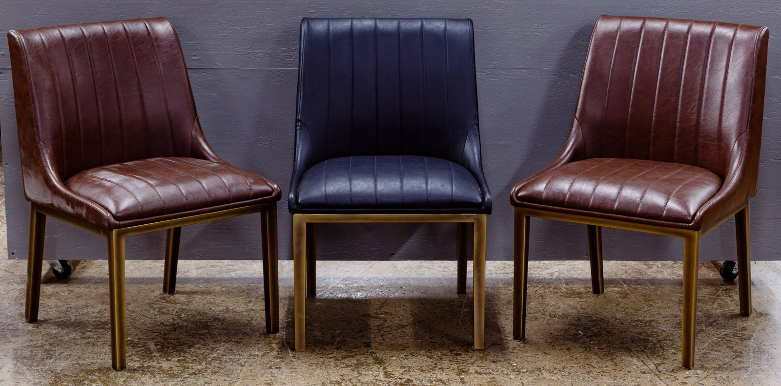 Donata Co. Ltd. for Sunpan Modern Home 'Halden' Leather: Donata Co. Ltd. for Sunpan Modern Home 'Halden' Leather Chair Assortment 2017, labels on underside, three side chairs with two brown and one black, all having welded metal leg frames with bronze color