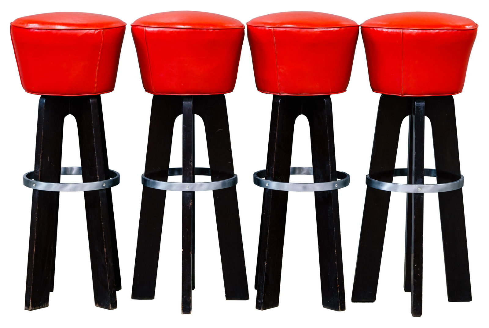 Tall Swivel Bar Stool Collection: Tall Swivel Bar Stool Collection Having upholstered seats on a wood and stainless steel base Condition: Very Good, overall light wear consistent with age and normal use Height: 36 1/2 inches, Diameter