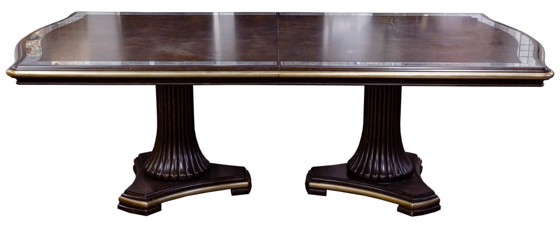 Traditional Dining Table: Traditional Dining Table Large double pedestal table having a painted glass inset edge, gold accent trim around table edge and both pedestal edges, slight curve at each edge, having a 25-inch leaf Con