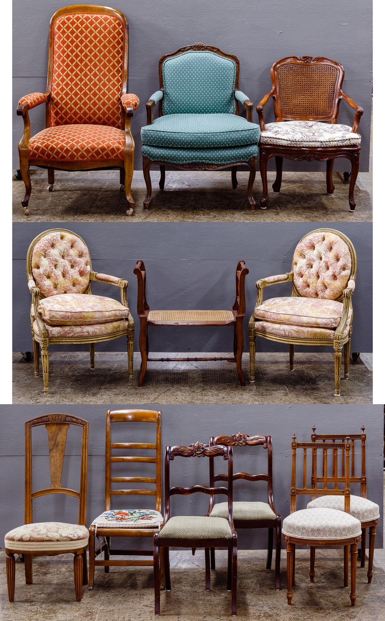 Occasional Chair Assortment: Occasional Chair Assortment Twelve chairs including six assorted dining chairs, three upholstered and wood arm chairs, two shabby chic French toile arm chairs having nail head trim and a cane seat woo