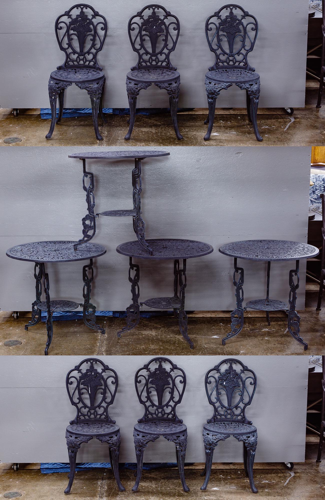 Cast Iron Outdoor Furniture Assortment: Cast Iron Outdoor Furniture Assortment Ten items including four tables and six chairs, black metal having rose motif Condition: Good, overall moderate wear consistent with age and normal use, some rus