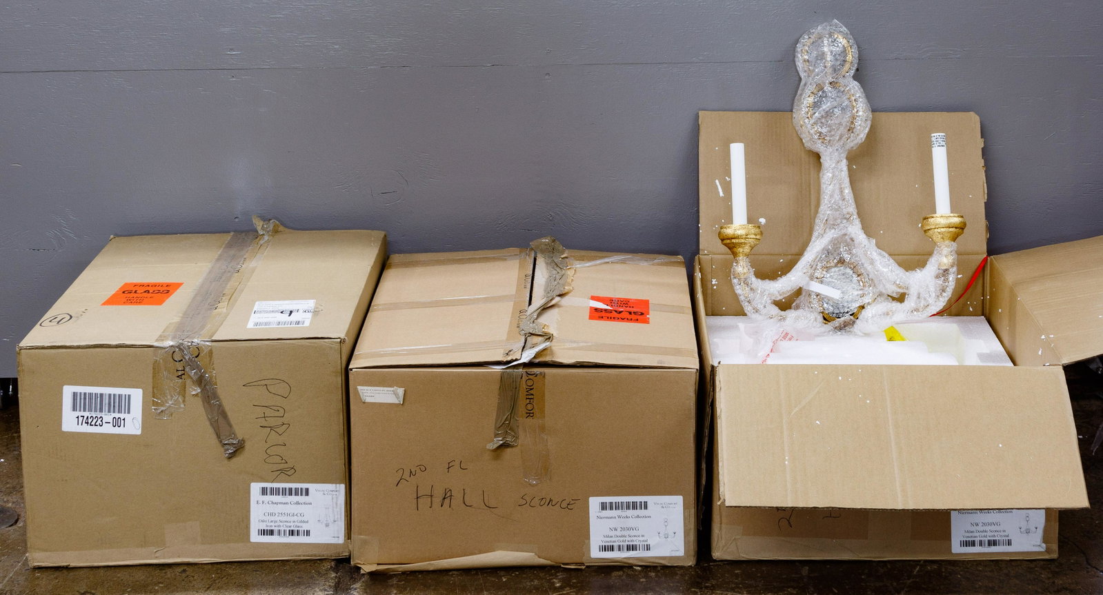 Neirman Weeks and E. F. Chapman Sconce Assortment: Neirman Weeks and E. F. Chapman Sconce Assortment Five items including two 'Milan Double' in gilded gold and crystal; two 'Oslow' gilded iron sconce with crystal; and an Elk lighting 'Empire' flush mo