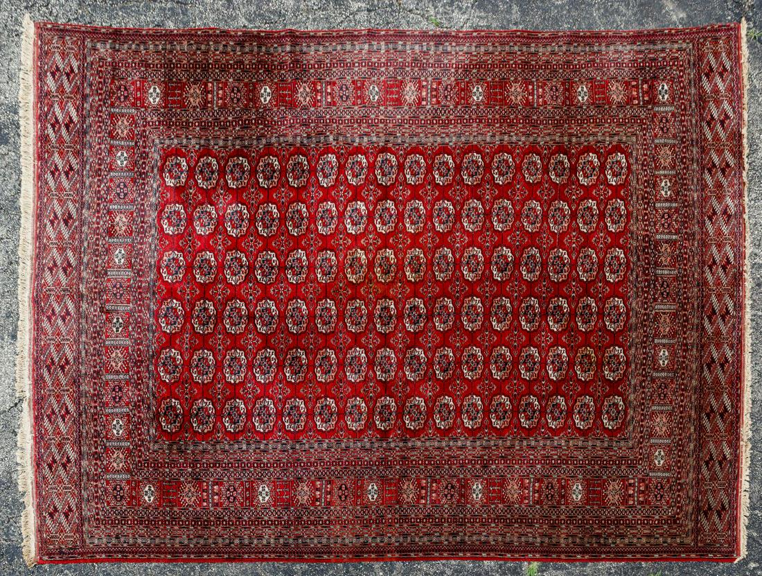 Persian Area Rug: Persian Area Rug Geometric medallions, red background having hues of blue, white and sand Condition: Good, moderate to heavy wear, stains, fading, fringe damaged Length: 142 inches, Width: 109 inches 