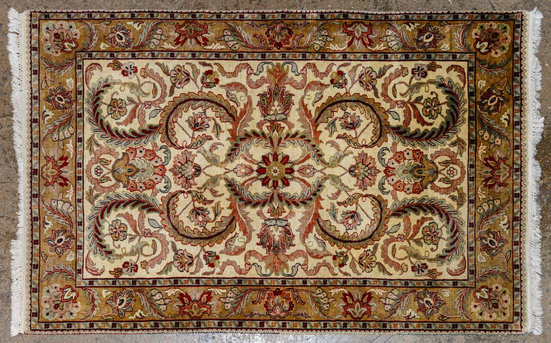 Persian Wool Area Rug: Persian Wool Area Rug Abstract floral motif, having hues of green, red and gold Condition: Good, moderate wear, some wear patterns in center, fringe dirty and missing threads Length: 70 inches, Width: