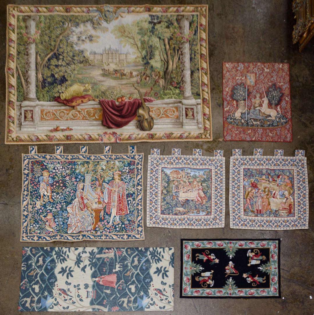 Tapestry Assortment: Tapestry Assortment Seven tapestries including 'Mason Royal French Wall', 'The French Feast', 'Grapes Harvest', 'Lady and the Unicorn' Condition: Very Good to Good, overall light wear consistent with 