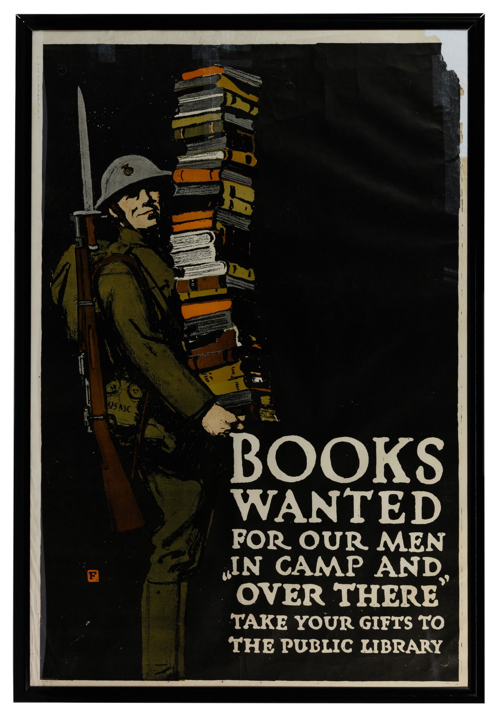 Charles Buckles Falls (American, 1874-1960): Charles Buckles Falls (American, 1874-1960) 'Books Wanted' Poster 1918, monogram signed 'F' lower left, World War I letterpress poster depicting a battle-ready US Marine carrying a stack of books; imp