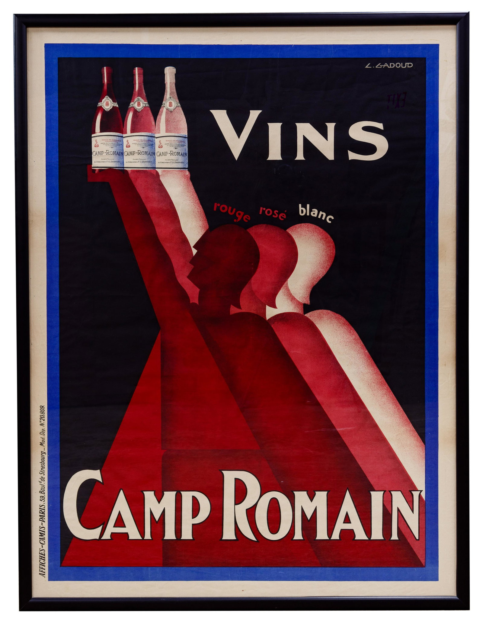 Claude Gadoud (French, 1905-1991): Claude Gadoud (French, 1905-1991) 'Vins Camp Romain' Poster c.1928, signed upper right, depicting wine advertising, the Paris publishing line appears at bottom left, mounted in a black frame under gla