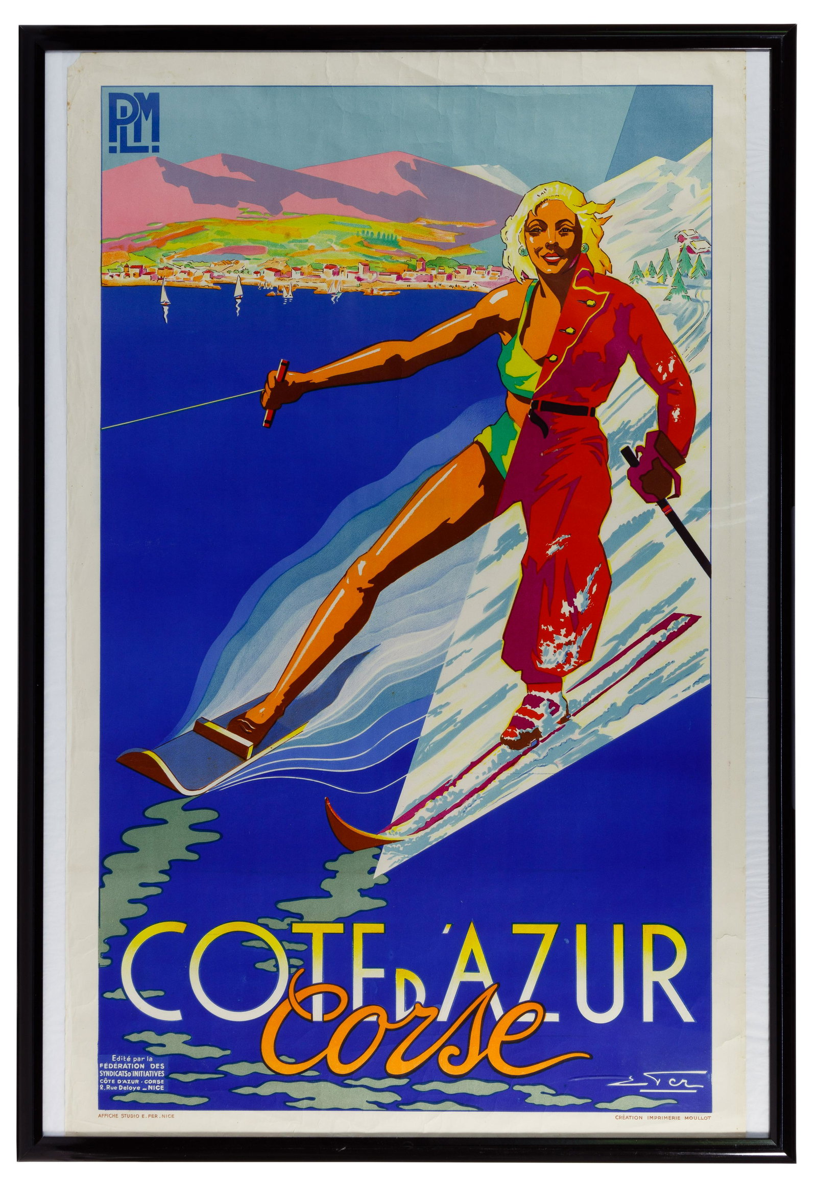 Water and Snow Skiing Poster: Water and Snow Skiing Poster Cote d' Azur Corse in the French Riviera, travel advertisement, produced by the Affiche Studio E in Nice, France; depicting a woman skiing in both winter and summer Condit