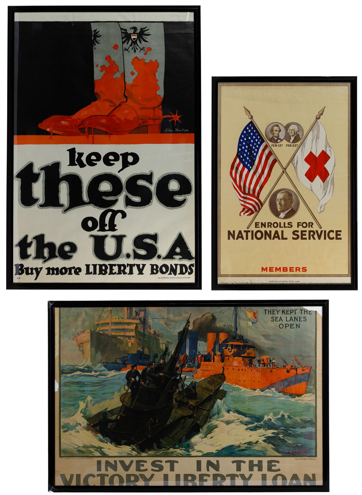 World War I Poster Assortment: World War I Poster Assortment Three items including plate signed 'L. A. Shaffer' lower right 'Invest in Liberty Loan' produced by W.F. Powers Litho Co and Niagara Litho depicting a ship coming into ha