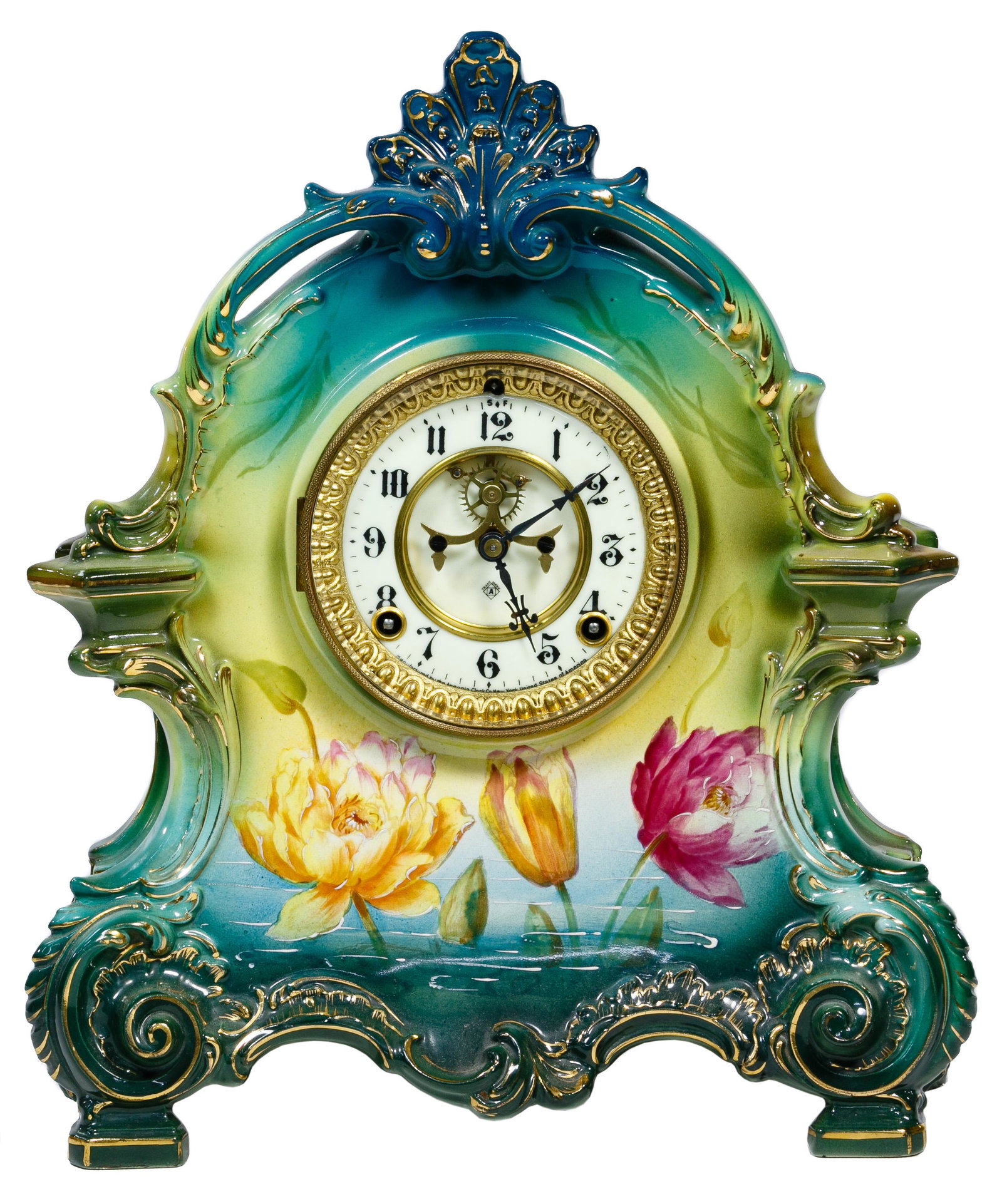 German Royal Bonn Porcelain Clock: German Royal Bonn Porcelain Clock Having a white enamel dial, brass trim, a glazed porcelain body and painted floral and gilt decoration Condition: Good, overall moderate wear consistent with age and 