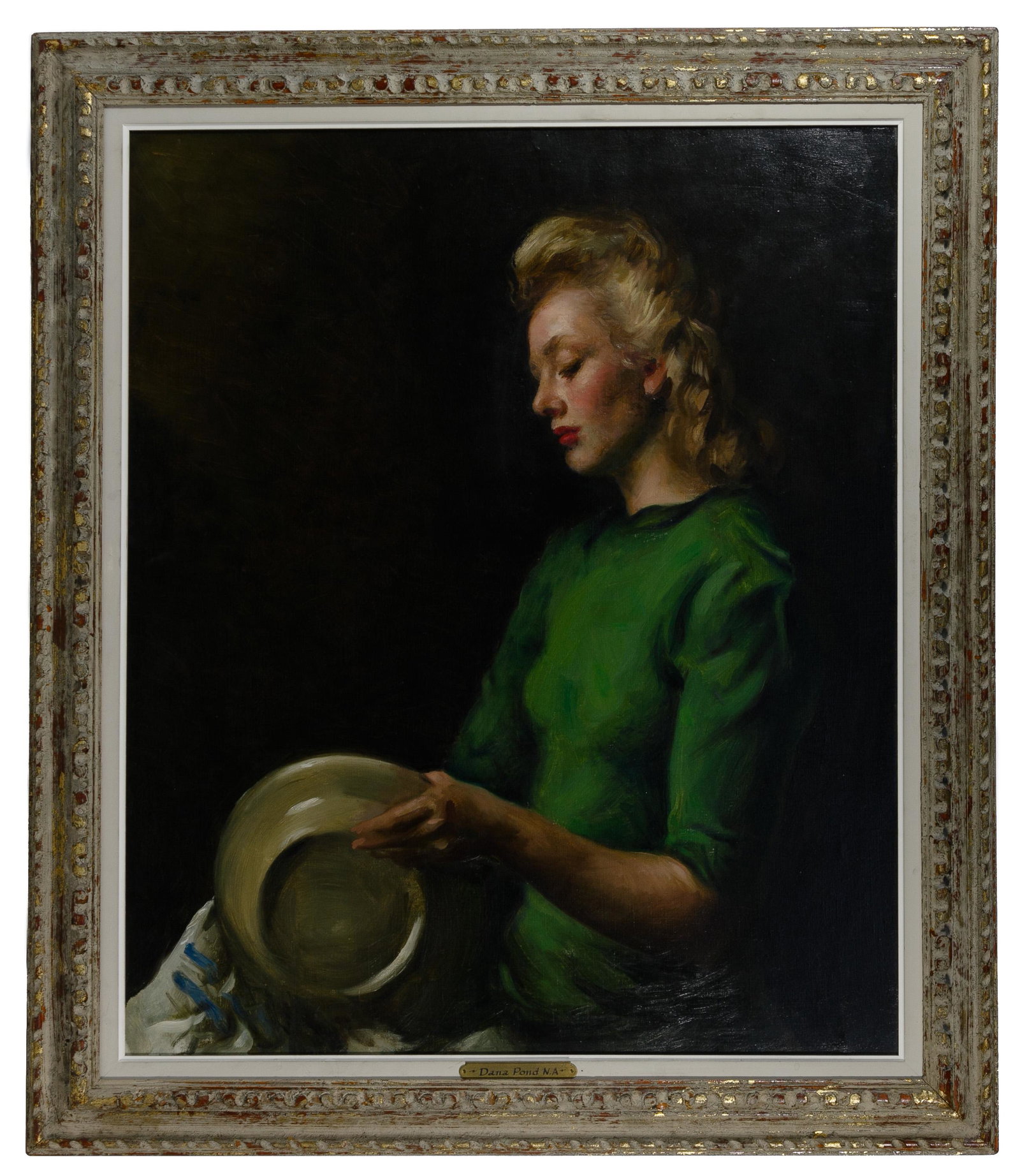 (Attributed to) Dana Pond (American, 1881-1962) Oil on: (Attributed to) Dana Pond (American, 1881-1962) Oil on Canvas Undated, unsigned, having attribution brass label reading 'Dana Pond N.A.' on frame, depicting a woman drying a dish, having a distressed 